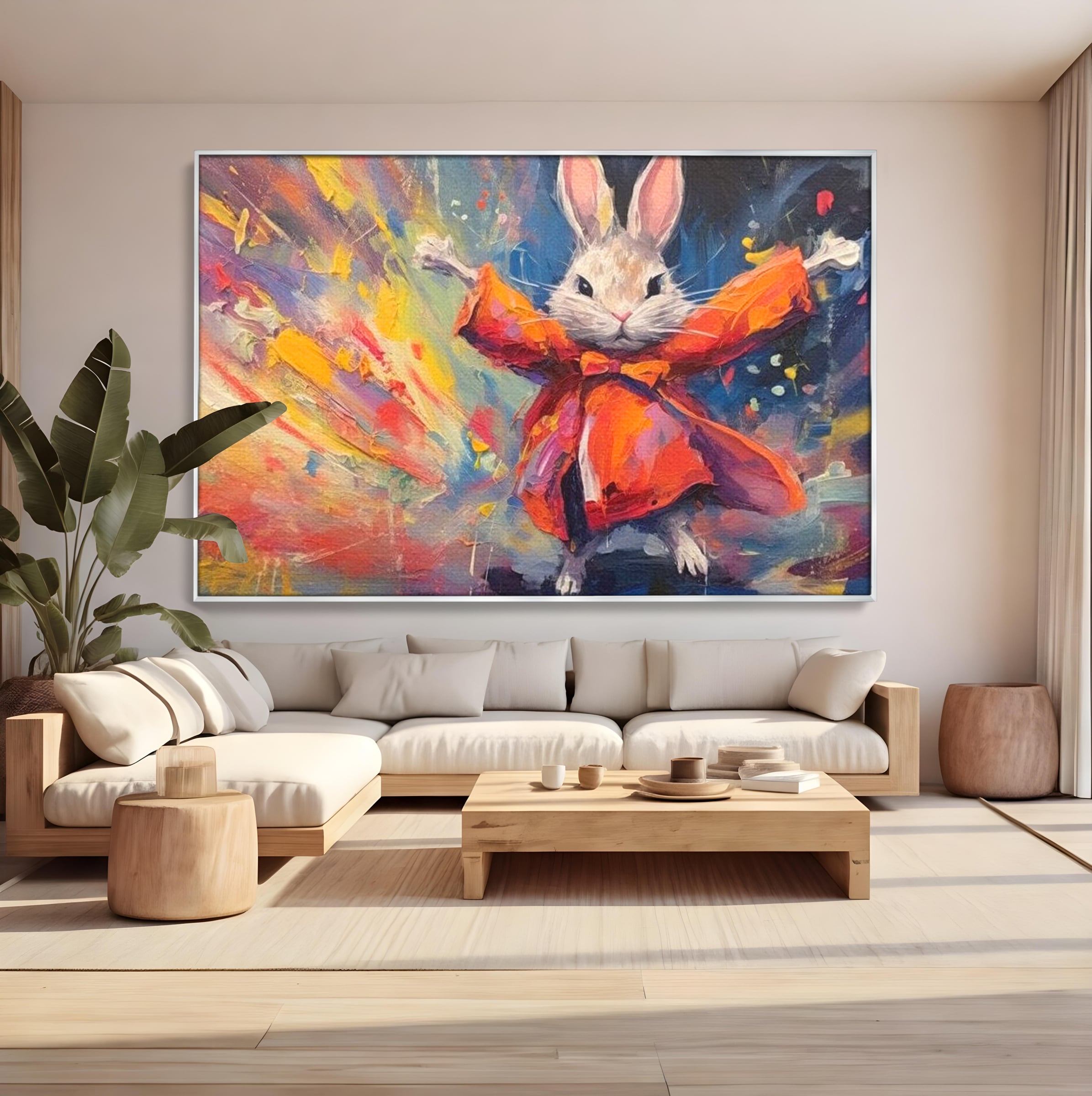 Tablou canvas cu tablou canvas cu iepuras magician colorat, in rama de aluminiu argintiu, pe perete intr-un living